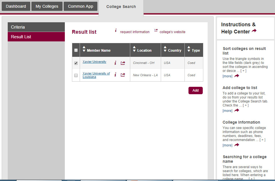 image of college search result page from Common App