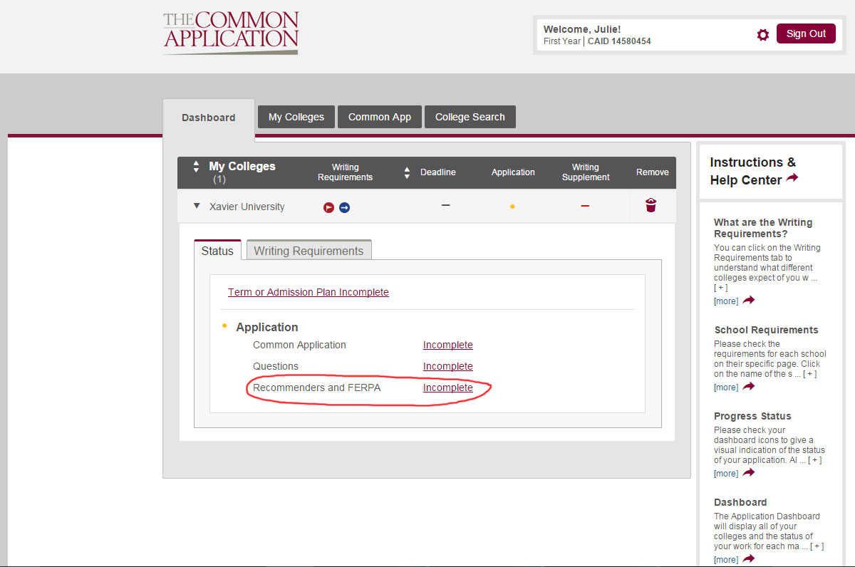 image of page from Common App showing status of FERPA waiver