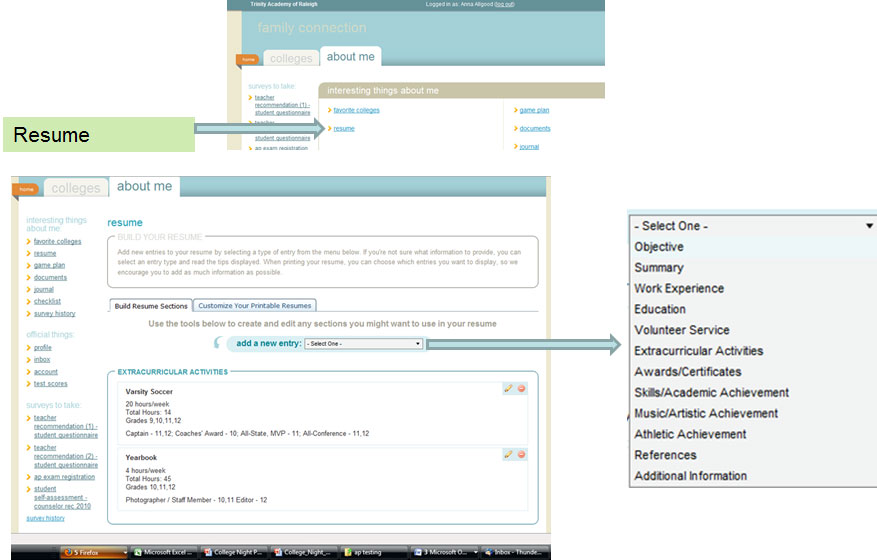 image of Naviance resume page