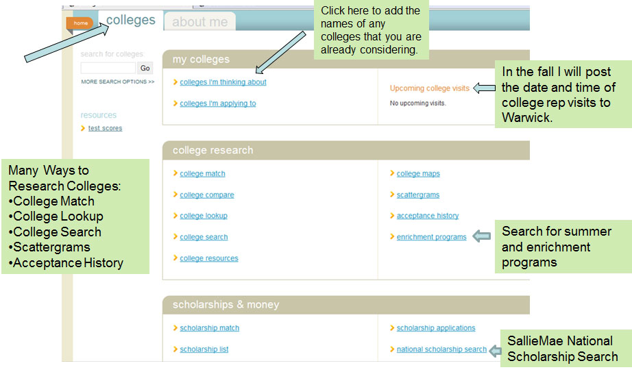 image of page displaying college planning tools on Naviance