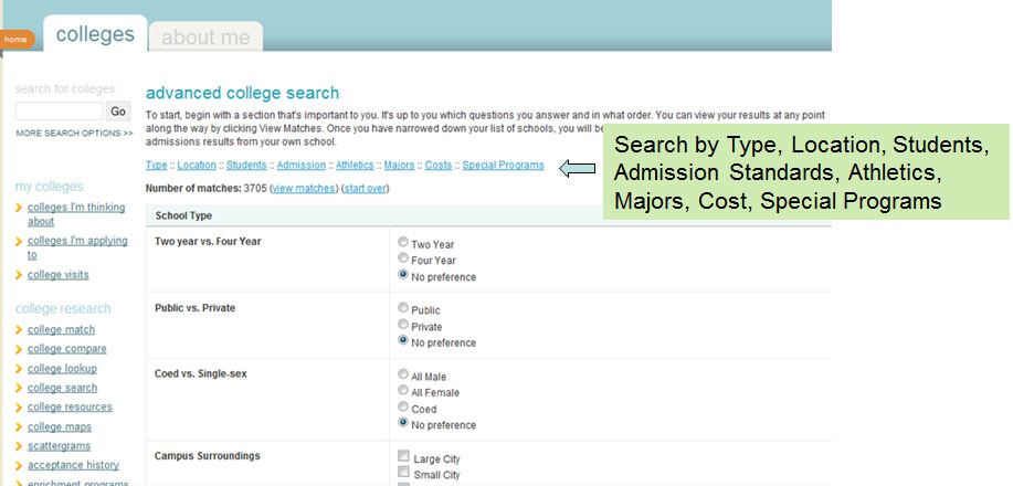 image of page about college search on Naviance