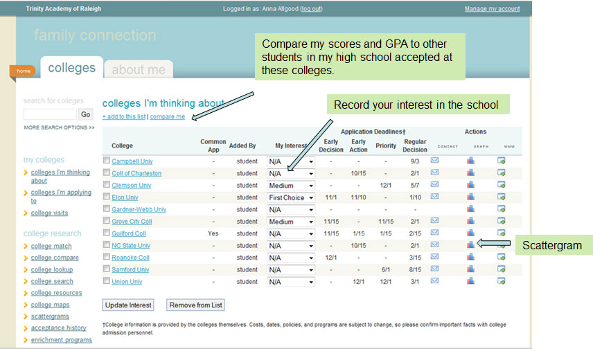image of page showing list of colleges on Naviance