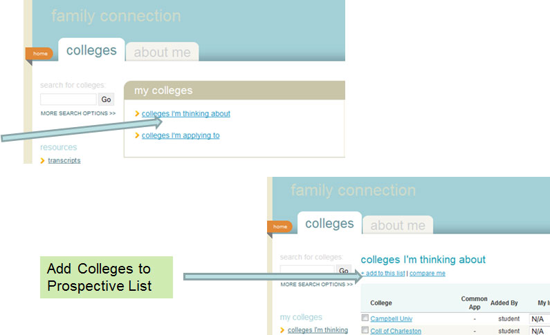 image of pages showing prospective and active colleges list