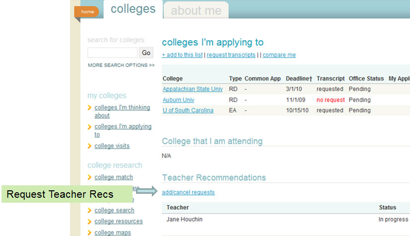 image of page in Naviance showing where to request teacher recommendations
