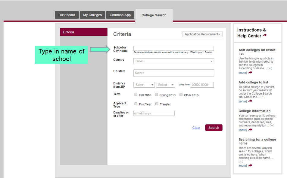 image of the Common App college search webpage