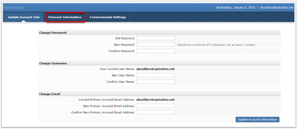 Parent Portal screenshot of Personal Info dashboard