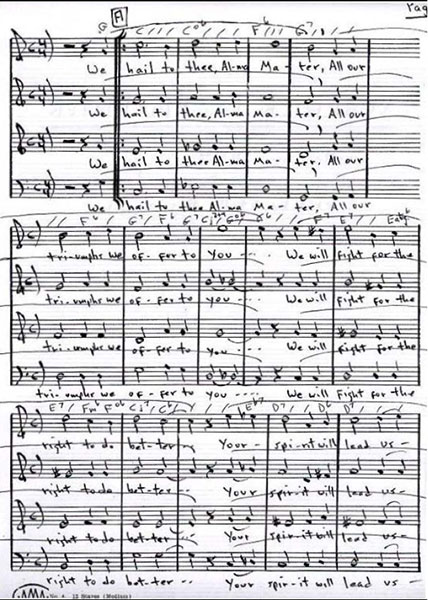 Sheet music for Alma mater, or school song. Page 3 of 4.