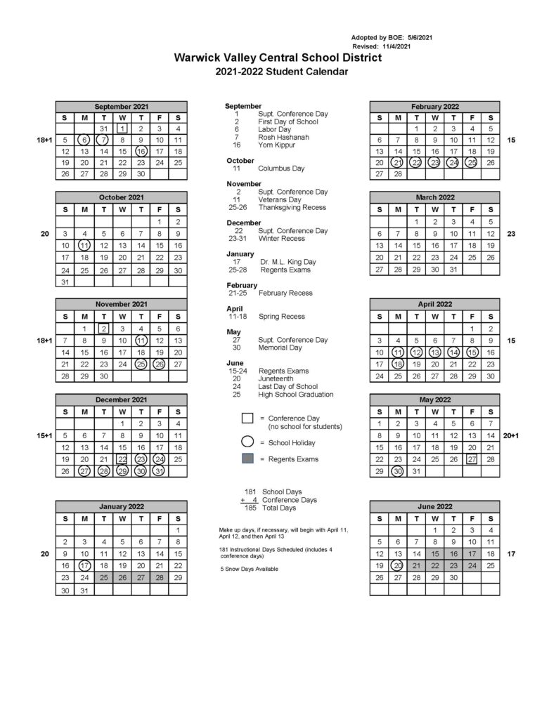 Student Calendar 2021-22