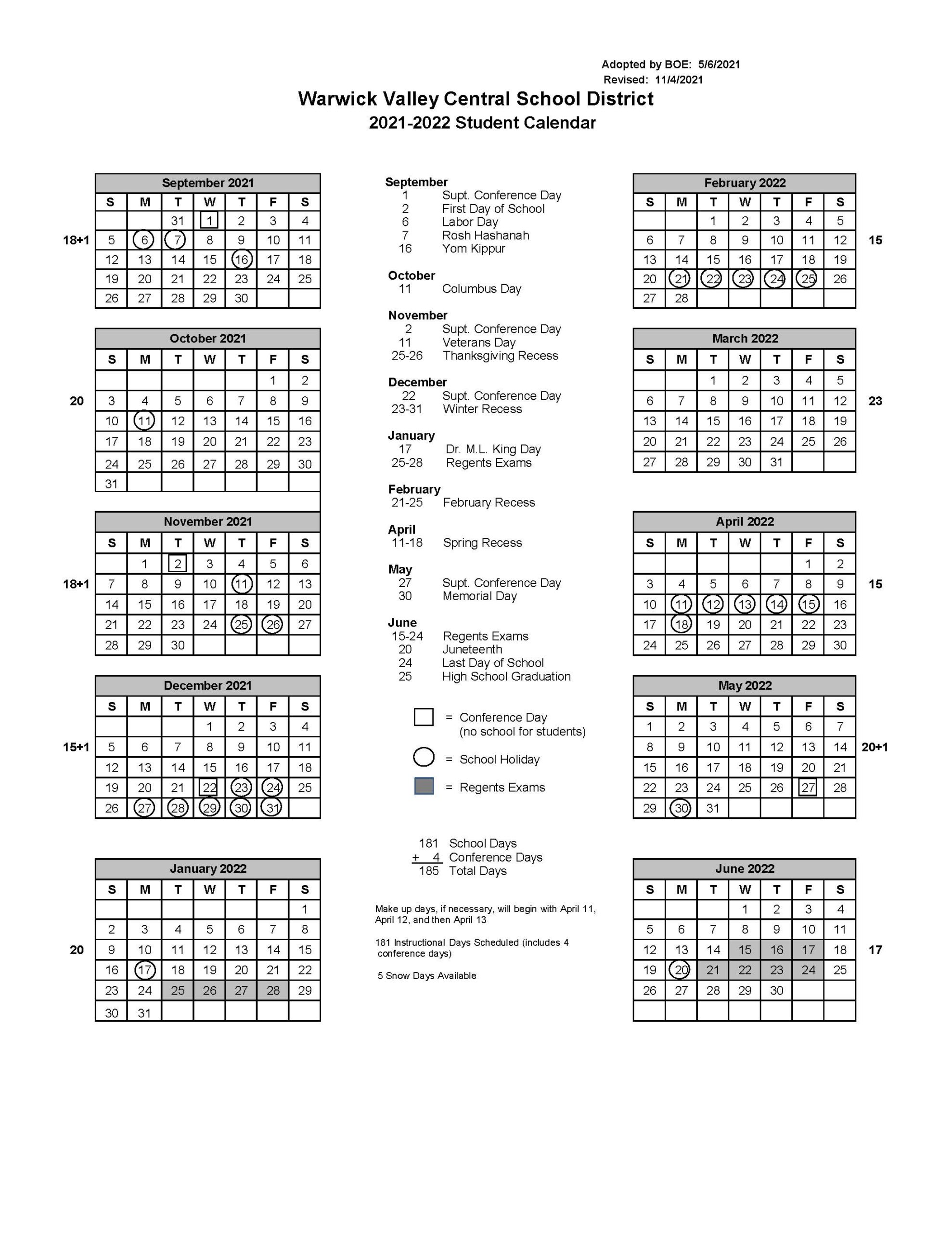 20212022 Academic Calendar Warwick Valley Central Schools