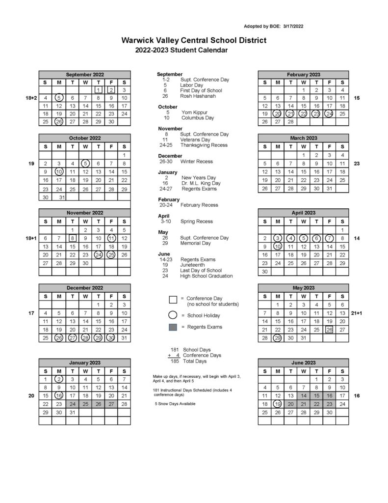2022-2023 Academic Calendar : Warwick Valley Central Schools