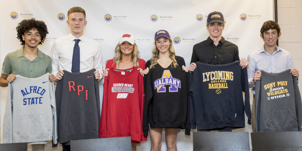 Six more Warwick Valley High School student-athletes signed National Letters of Intent (NLI) during a ceremony in the WVHS Media Center on May 19, 2023. An NLI is a form completed to indicate a student’s commitment to play sports at NCAA colleges and universities.
 on May 19, 2023.