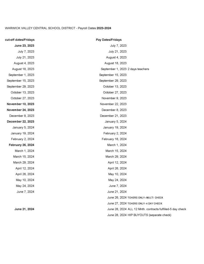 Schedule of 2023-24 payroll disbursement dates.