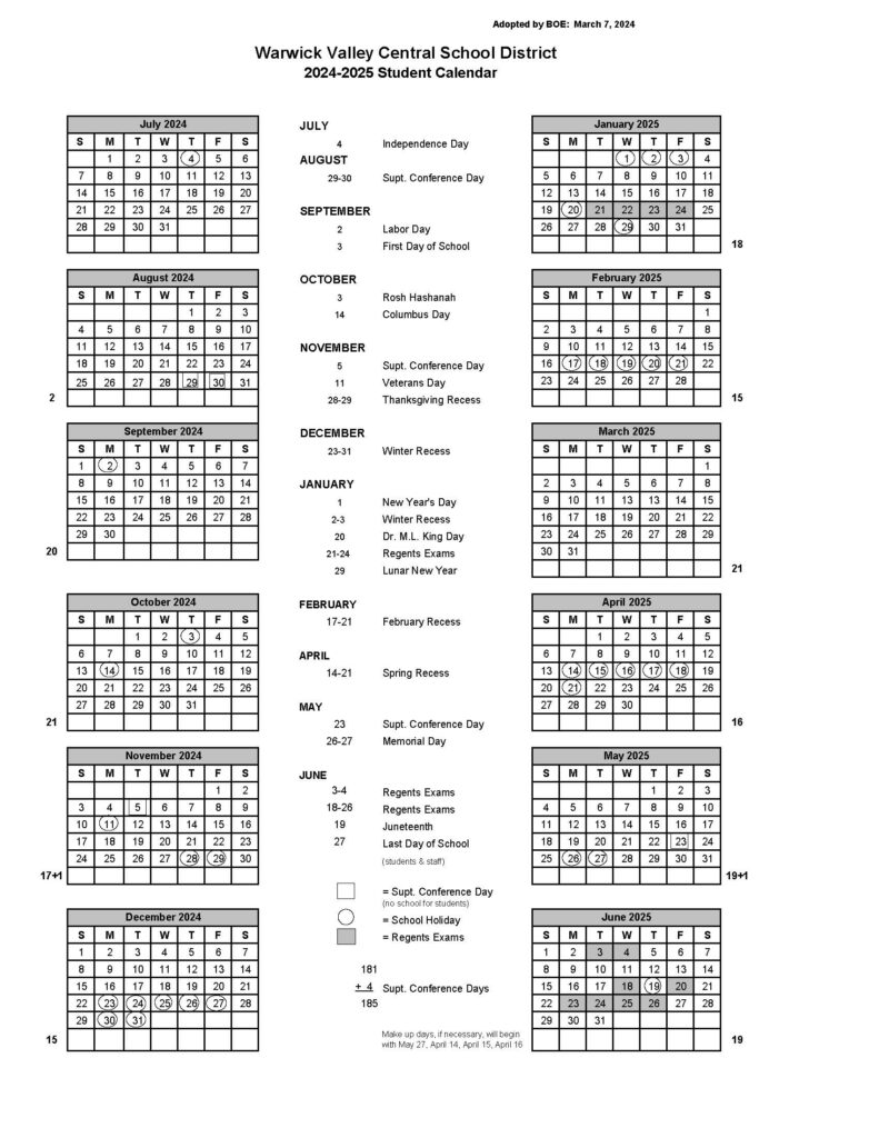 Student Calendar Warwick Valley Central Schools