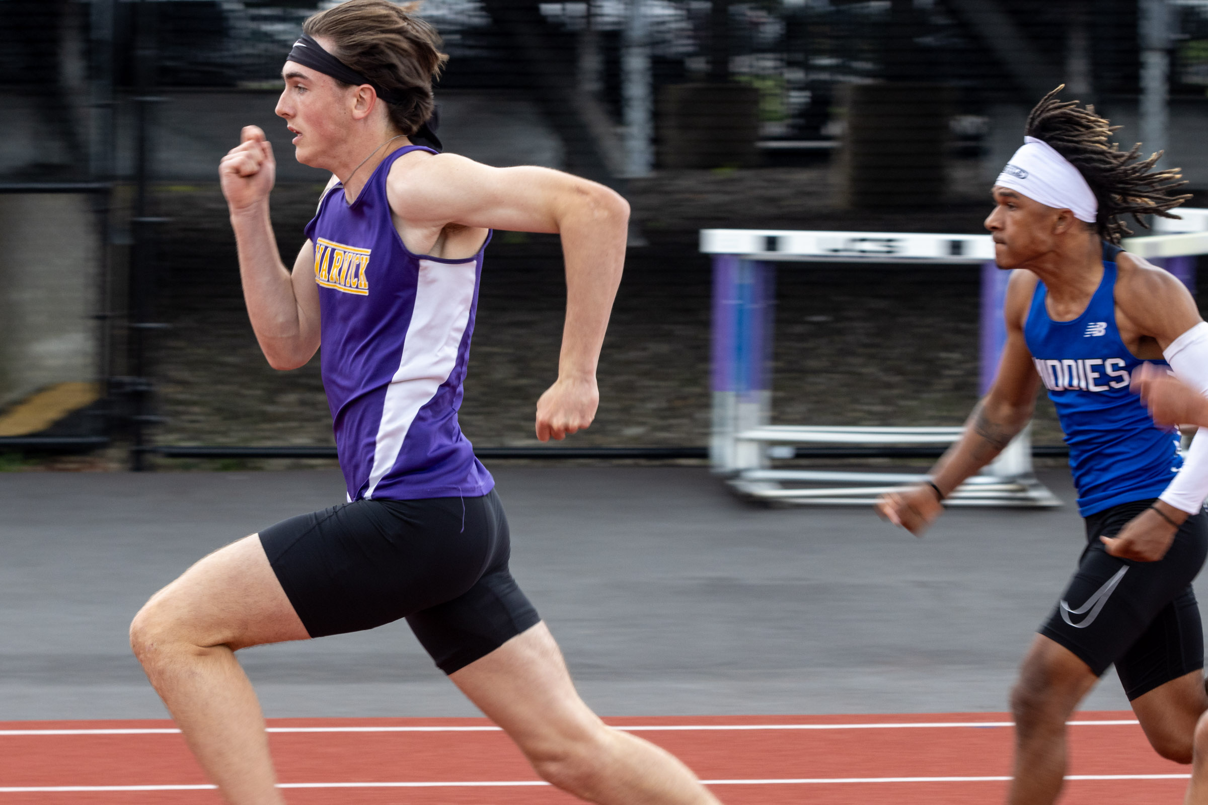 A Warwick Valley athlete sprints on day one of the OCIAA track and field championship meet at Tim St. Lawrence track.