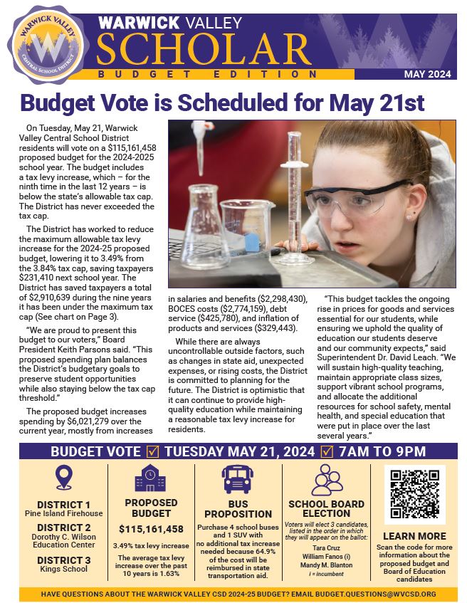 Image of the cover of the budget newsletter with story and photo of student looking at beekers