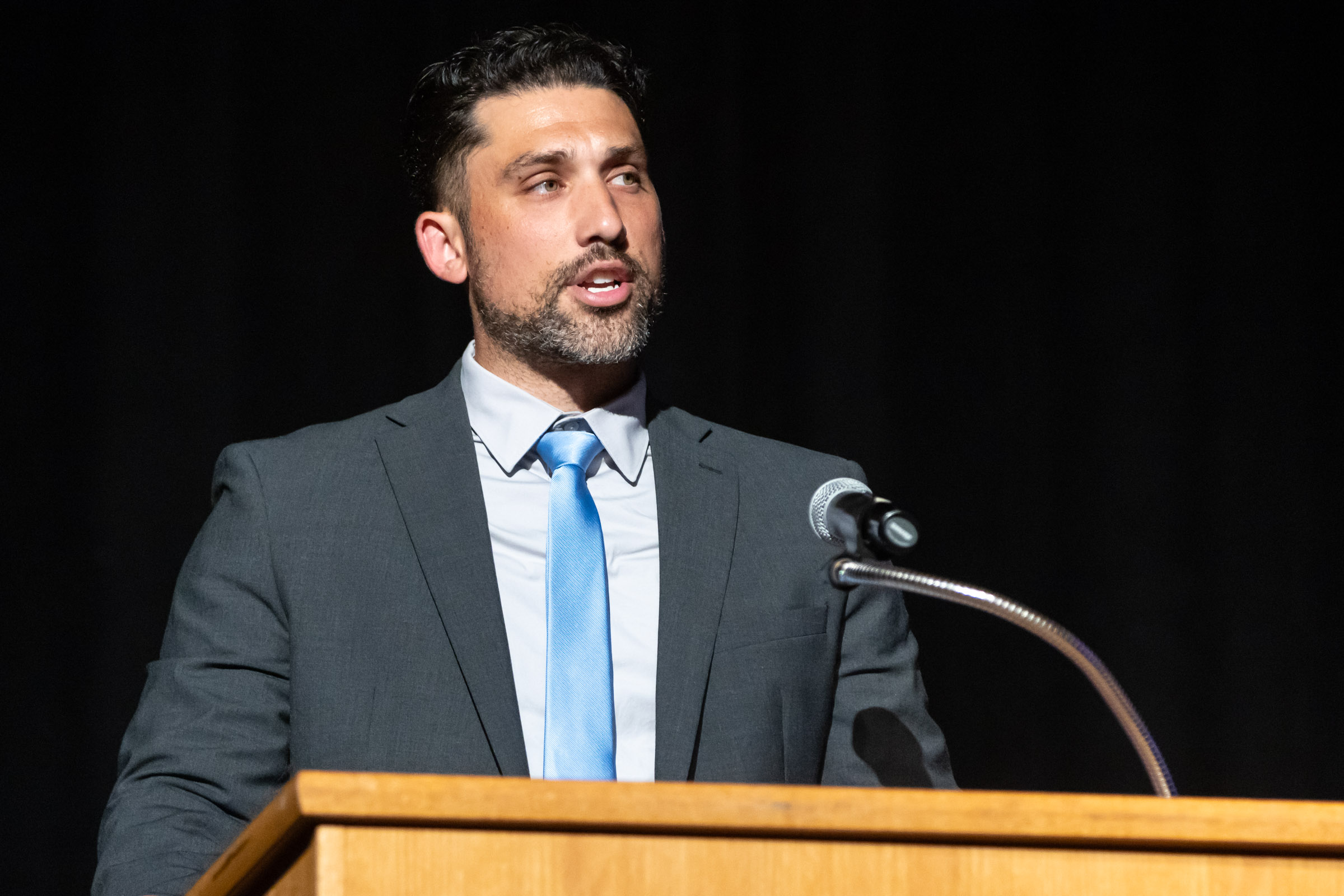 Secondary Associate Principal Nicholas Emanuele speaks during the Warwick Valley High School Career and Technical Education Recognition Ceremony and Honor Society Induction