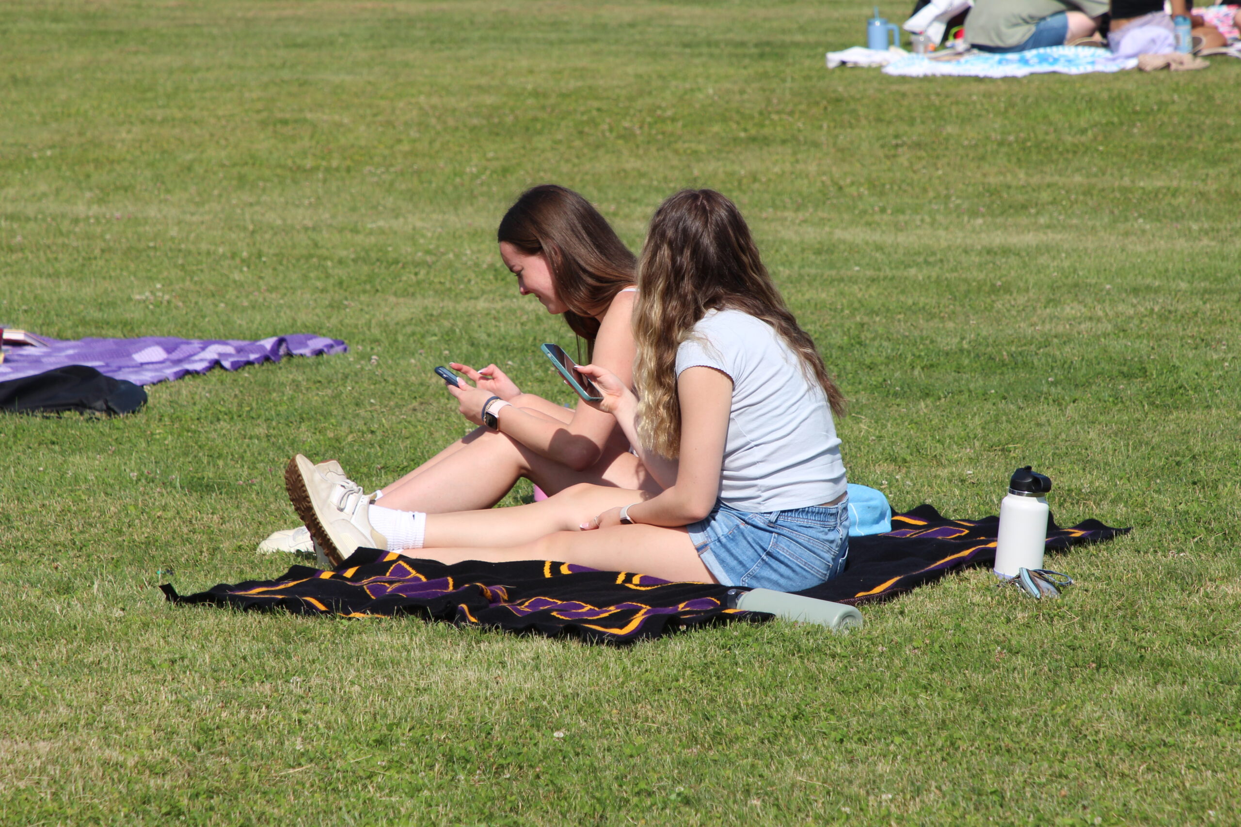 Warwick Valley High School seniors check their phones while sitting on the grass during their Senior Picnic