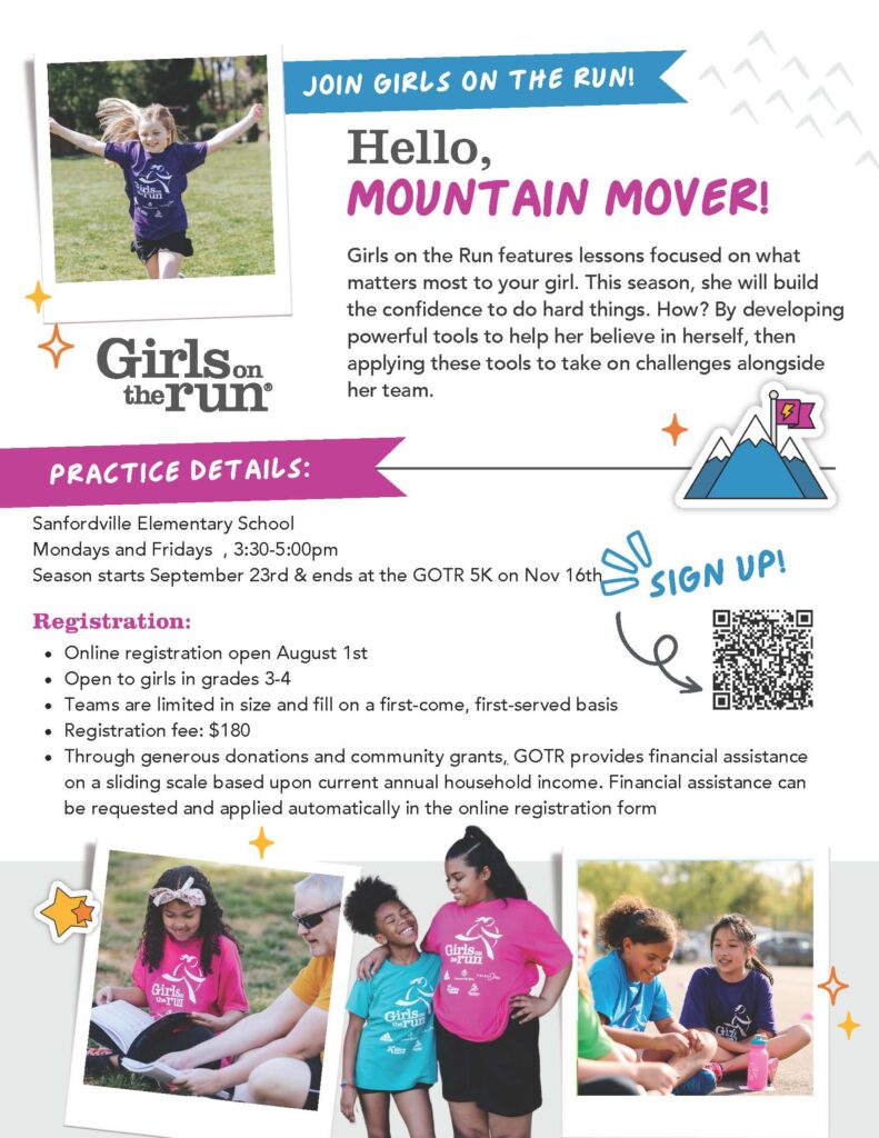 Join Girls on the Run at Sanfordville Elementary, to take part in fun evidence-based programs that inspire participants to recognize their inner strength, increase their level of physical activity, imagine their possibilities, and confidently stand up for themselves and others. Details and contact information at https://www.girlsontherunhv.org/