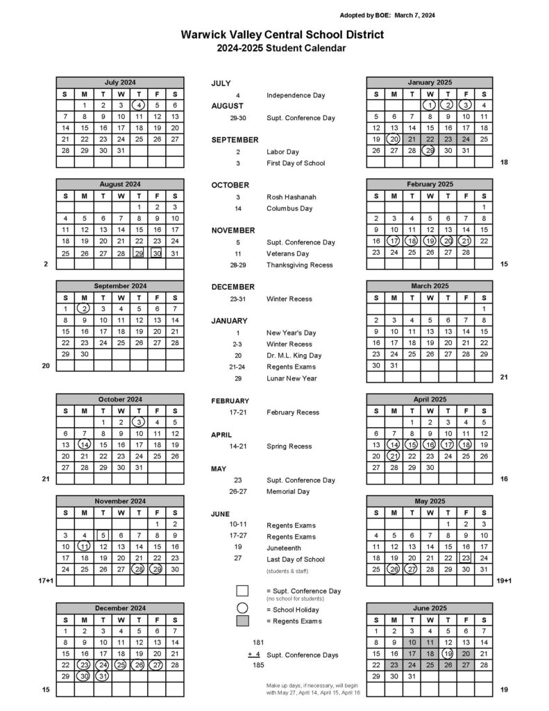 click this image of the 2024-2025 warwick valley student calendar to open a readable PDF version