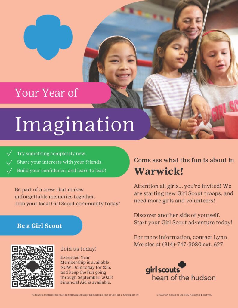 Interested in joining Girl Scouts? Welcome to "your year of imagination!" For information, contact Girl Scouts Heart of the Hudson at https://www.girlscoutshh.org/en/discover/our-council/contact.html