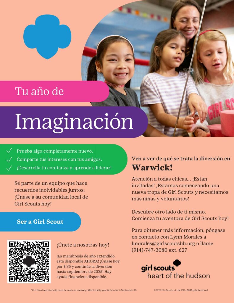 ¿Interesada en unirse a Girl Scouts? ¡Bienvenido a "tu año de imaginación!" Para obtener información, comuníquese con Girl Scouts Heart of the Hudson en https://www.girlscoutshh.org/en/discover/our-council/contact.html