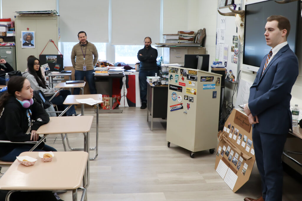 Chester Town Supervisor Brandon Holdridge talks with students in a classroom