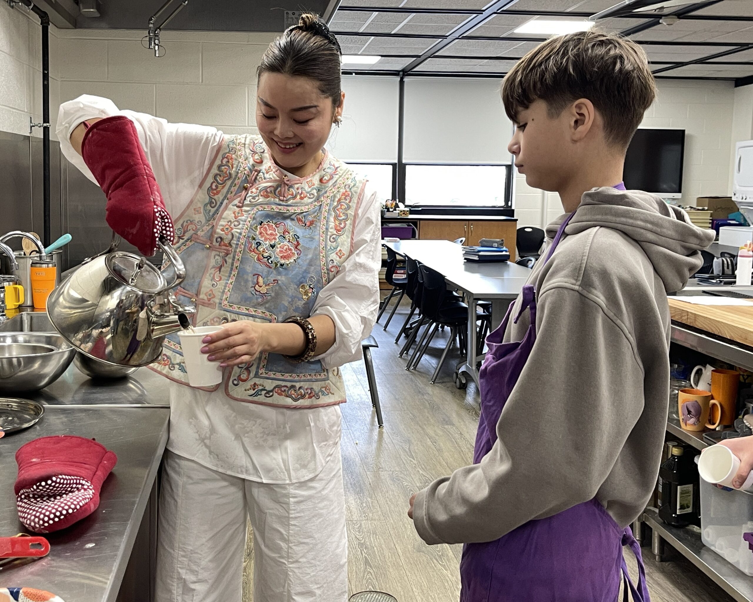 Students in Ms. Ping's Mandarin Chinese class prepare wontons.